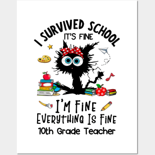 Black Cat 10th Grade Teacher It's Fine I'm Fine Everything Is Fine Posters and Art